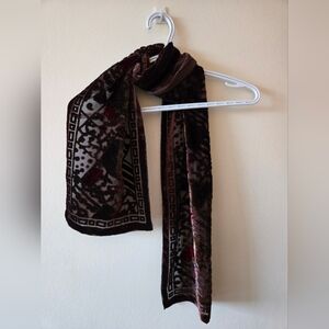 Danier Vintage Brown Velvet Burn Out Patterned Scarf With Red And Purple Colours